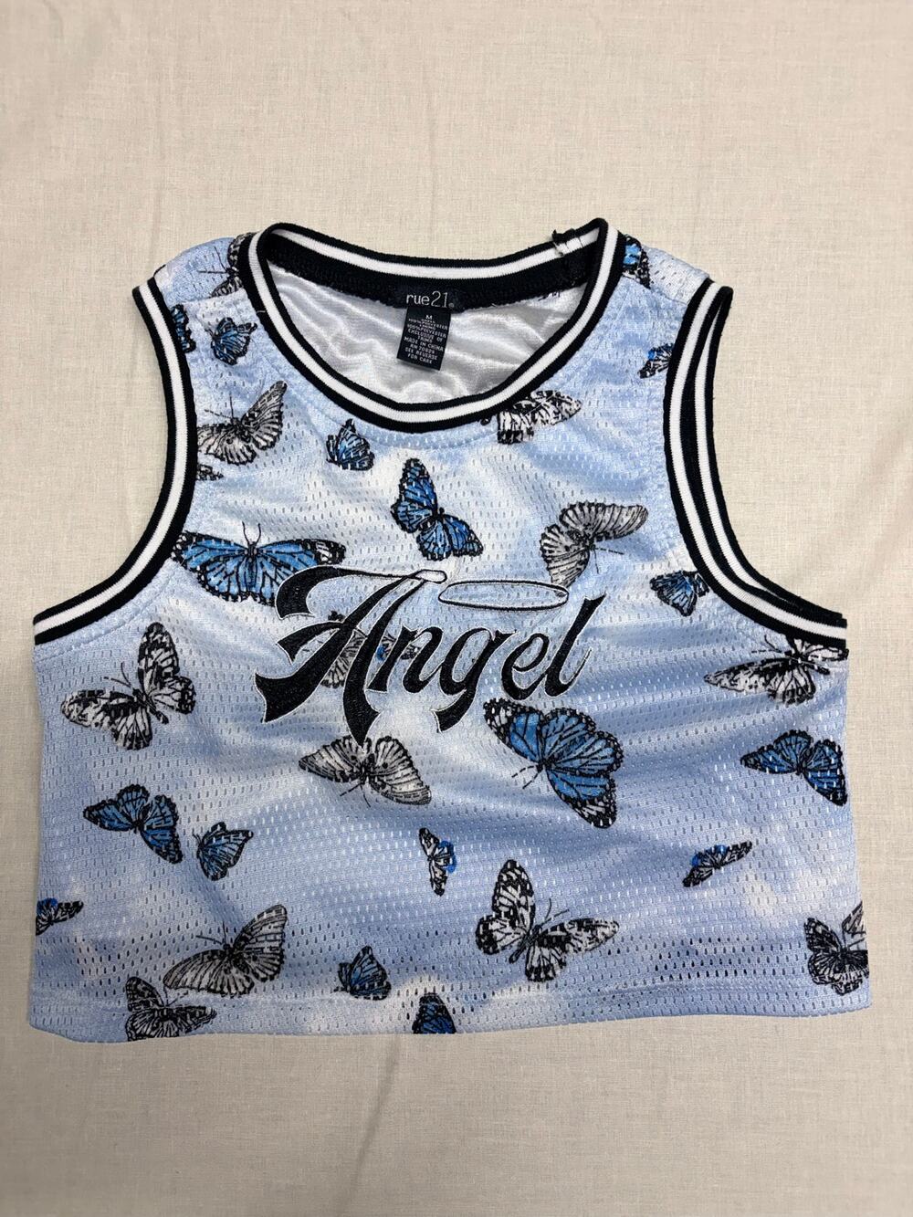 Angel Y2K Rue21 crop top jersey 2000s blue butterflies casual streetwear